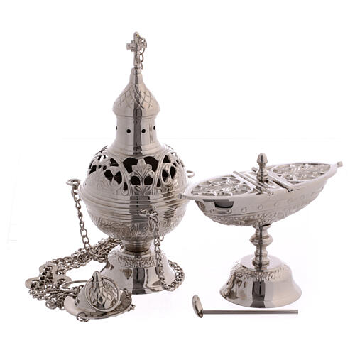 Incense set: censer and boat with spoon in nickeled brass 1