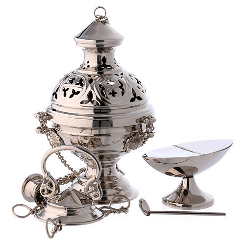 Thurible and boat set with spoon in silver-plated brass 1