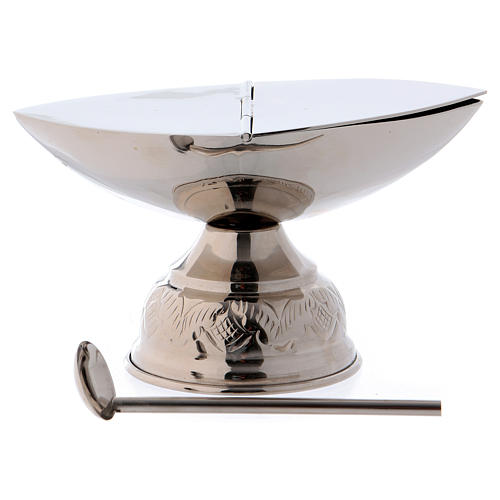 Turíbulo com cruz no topo e Naveta latão prateado 3