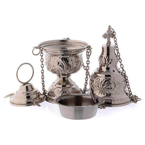 Turíbulo com cruz no topo e Naveta latão prateado 4