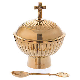 Naveta de latón dorado con cruz h. 12 cm