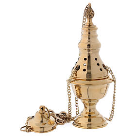 Thurible made of shiny golden brass with oriental inspired lines 24 cm