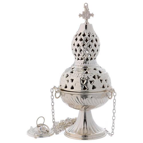 Thurible made of nickel-plated brass with openwork decoration and floral details 1