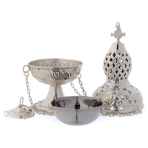 Thurible made of nickel-plated brass with openwork decoration and floral details 4