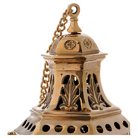 Thurible made of gold coloured brass with embossed leaf-shaped decorations 27 cm