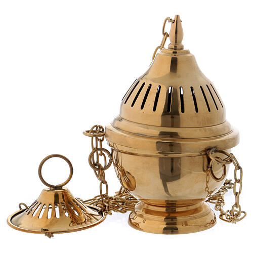 Thurible in shiny golden brass with perforated stripes on the lid 16 cm 1