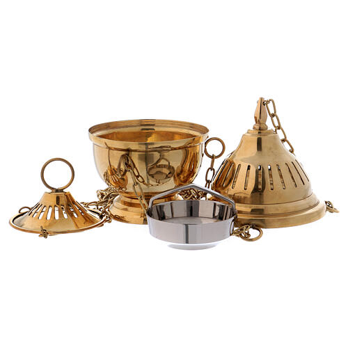 Thurible in shiny golden brass with perforated stripes on the lid 16 cm 2