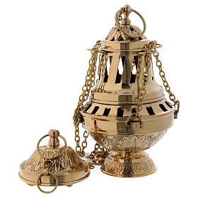 Brass thurible with leaves decoration on base and cover h 9 1/2 in