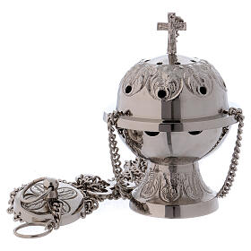Decorated thurible in polished silver-plated brass with cross h 6 in