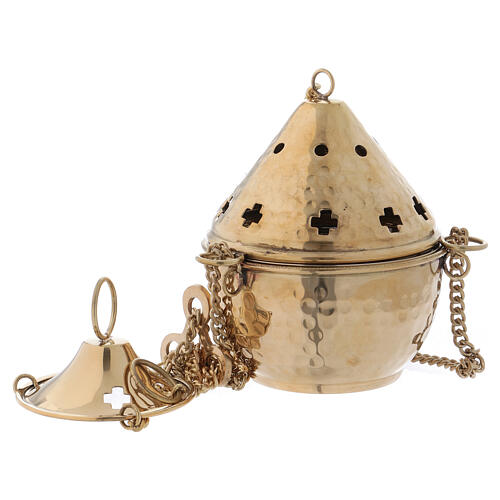 Kneaded golden brass thurible with cross-shaped holes 14 cm 1