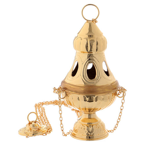 Thurible with carved cover in gold plated brass 9 1/2 in 1