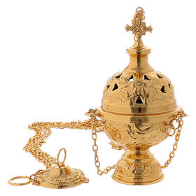 Golden brass censer with floral decorations 20 cm