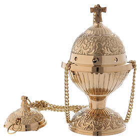 Gold plated brass thurible with floral decoration and cross