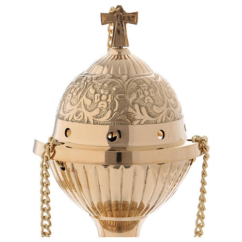 Gold plated brass thurible with floral decoration and cross 2