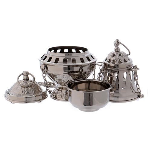 Thurible with carvings and leaf pattern silver-plated brass 2