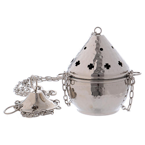 Hammered thurible with crosses silver-plated brass 5 1/2 in 1