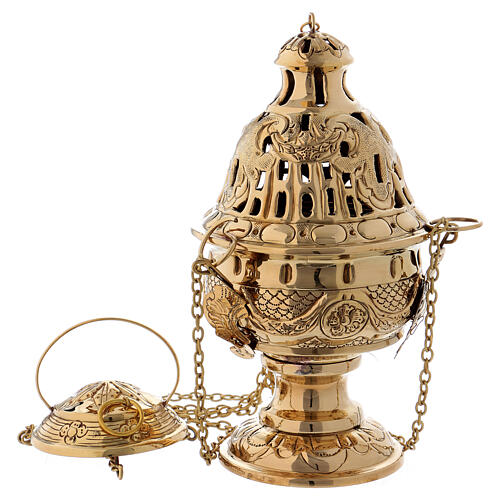 Chiselled and inlaid golden brass censer 26 cm 1