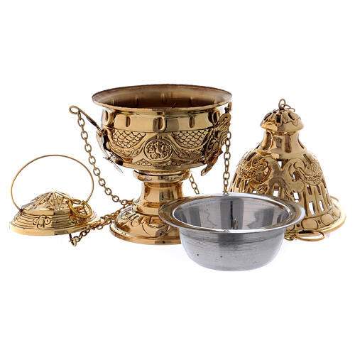 Chiselled and inlaid golden brass censer 26 cm 4
