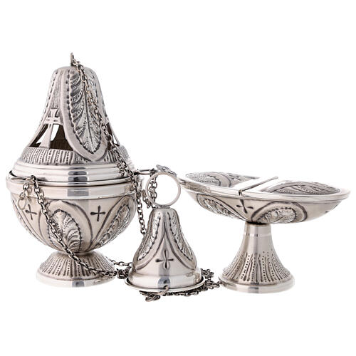 Chiseled thurible and boat crosses and leaves silver finish 1
