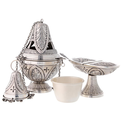 Chiseled thurible and boat crosses and leaves silver finish 7