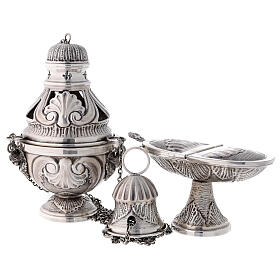 Chased thurible and boat with angels, silver-plated finish
