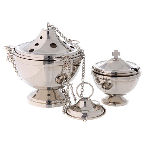 Smooth thurible and boat with nickel-plated finish and Maltese cross 1