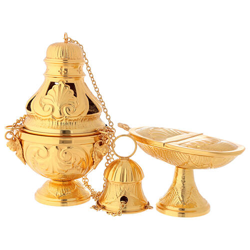 Thurible, boat and spoon set, chased gold plated brass 1
