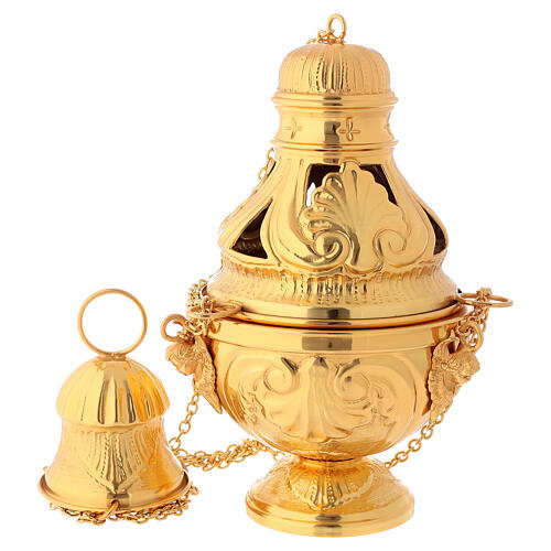 Thurible, boat and spoon set, chased gold plated brass 3