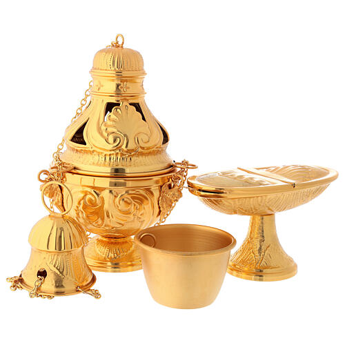 Thurible, boat and spoon set, chased gold plated brass 7