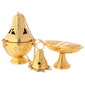 Thurible with boat, chased gold plated finish, crosses and leaves