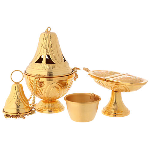 Thurible with boat, chased gold plated finish, crosses and leaves 7