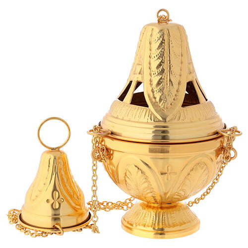 Chiseled gold plated thurible with boat crosses and leaves 3