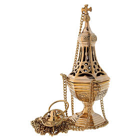 Thurible golden brass gothic decoration with basket height 31 cm
