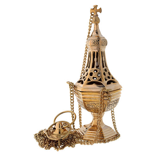 Thurible golden brass gothic decoration with basket height 31 cm 1