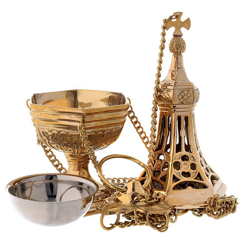 Thurible golden brass gothic decoration with basket height 31 cm 3