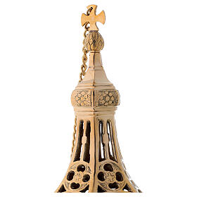 Gothic decorated thurible in gold plated brass with basket h 12 1/4 in