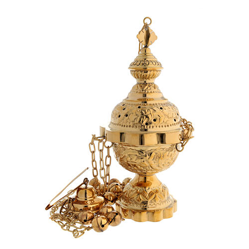 Thurible with floral decoration in satin gilded brass 25 cm 1