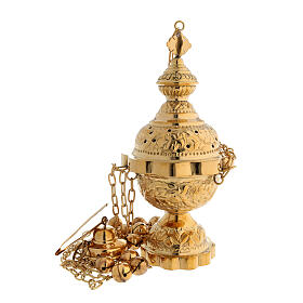 Floral decorated thurible in gold plated brass satin finish 9 3/4 in