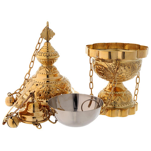 Floral decorated thurible in gold plated brass satin finish 9 3/4 in 3