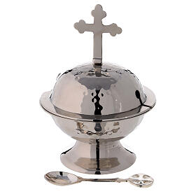 Round boat with budded cross 6 1/4 in nickel-plated brass