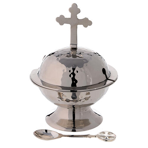Round boat with budded cross 6 1/4 in nickel-plated brass 1