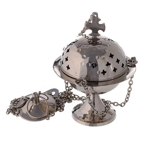 Nickel plated brass censer with narrow base and cross-shaped holes 15 cm 1