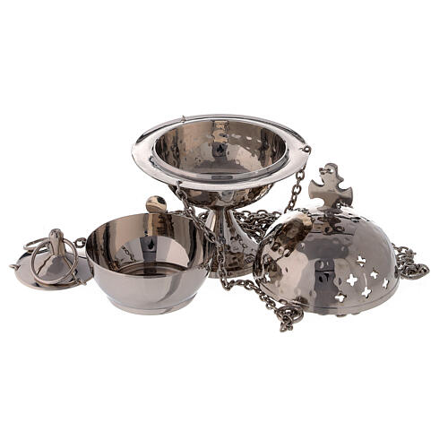 Nickel plated brass censer with narrow base and cross-shaped holes 15 cm 2