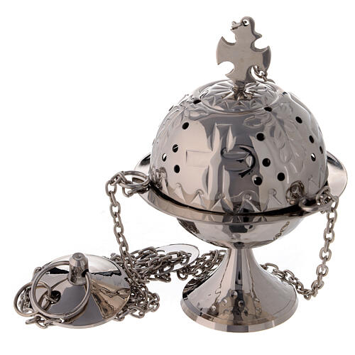 Round nickel-plated brass censer with triangular decoration 16 cm 1