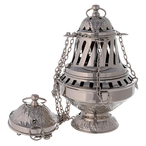 Nickel-plated brass censer with leaf decoration 27 cm 1