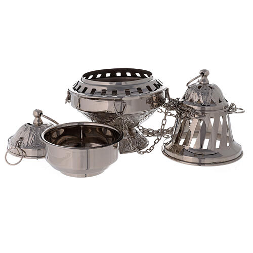 Nickel-plated brass censer with leaf decoration 27 cm 3