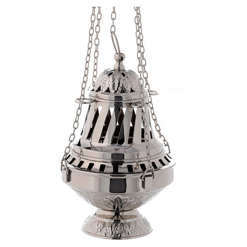 Nickel-plated brass censer with leaf decoration 27 cm 5