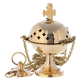 Golden brass censer with crosses and basket h 15 cm