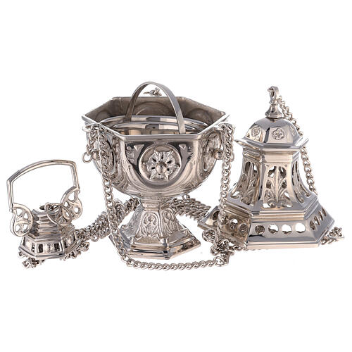 Hexagonal perforated censer in nickel-plated brass 27 cm 2