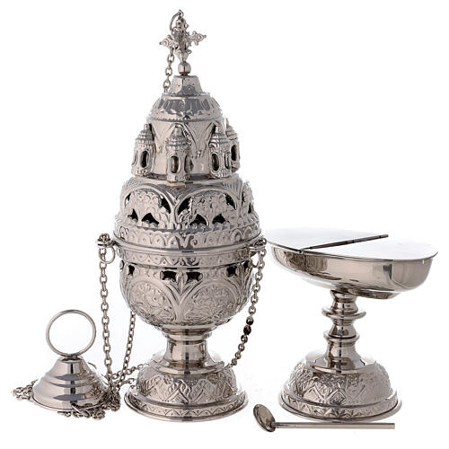 Thurible boat and spoon, nickel-plated brass, detachable burner 1